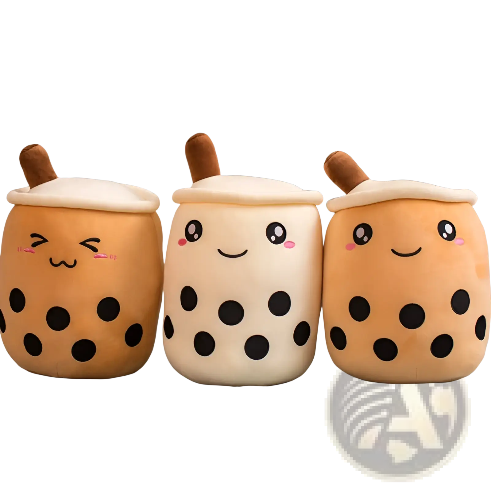 Three plush boba tea cups with embroidered faces tan and cream soft bubble tea pillow toy with brown straws