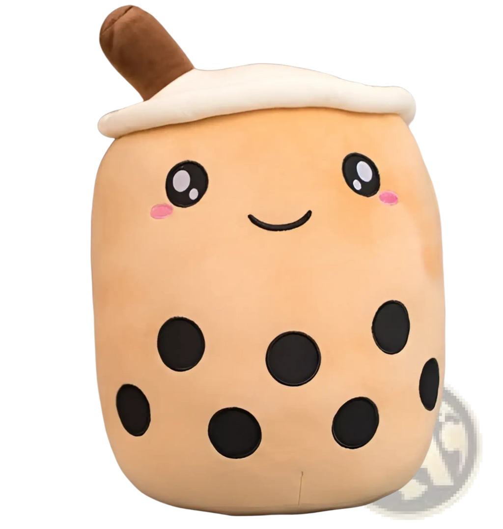 Cute beige plush soft bubble tea pillow toy shaped like a cup with black tapioca pearls white foam top and brown straw