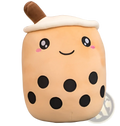 Cute beige plush soft bubble tea pillow toy shaped like a cup with black tapioca pearls white foam top and brown straw
