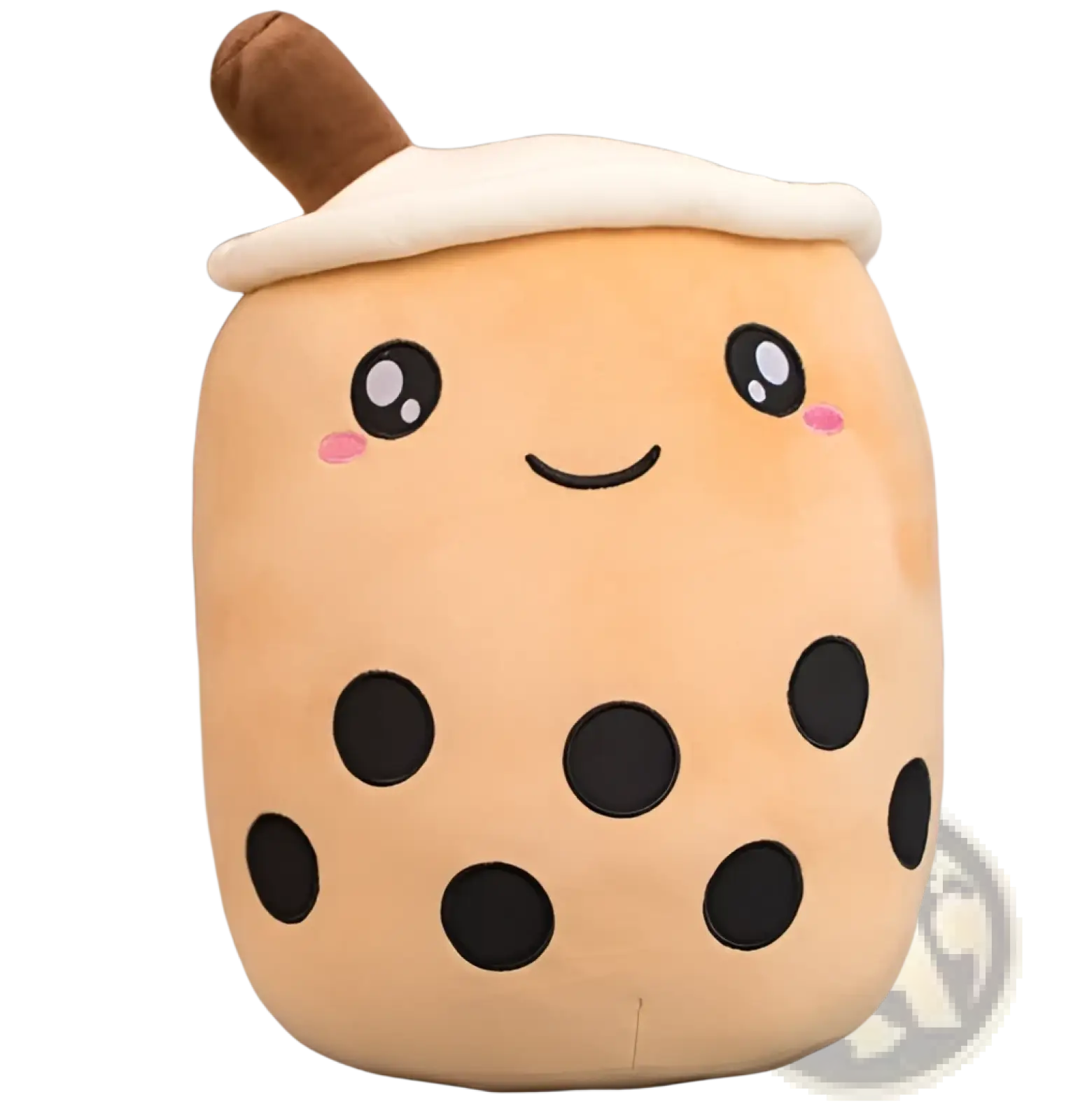 Cute beige plush soft bubble tea pillow toy shaped like a cup with black tapioca pearls white foam top and brown straw