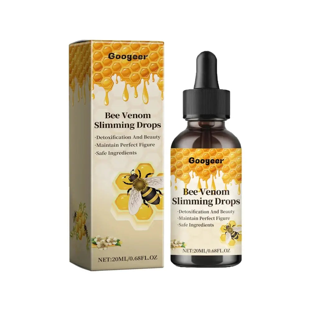 Googeer bee venom firming and toning body serum drops in a dark amber glass bottle with honeycomb bee label