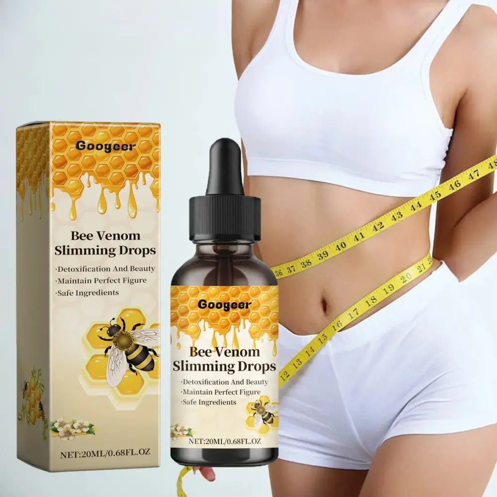 Googeer bee venom firming and toning body serum drops in dark amber glass bottle with black dropper and honeycomb label