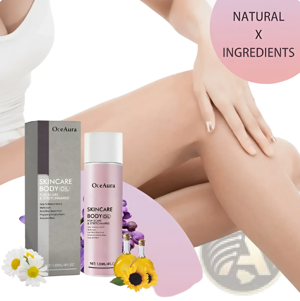 Pink oceaura skincare body oil bottle with white cap and silver box for scars and stretch marks 2oz product