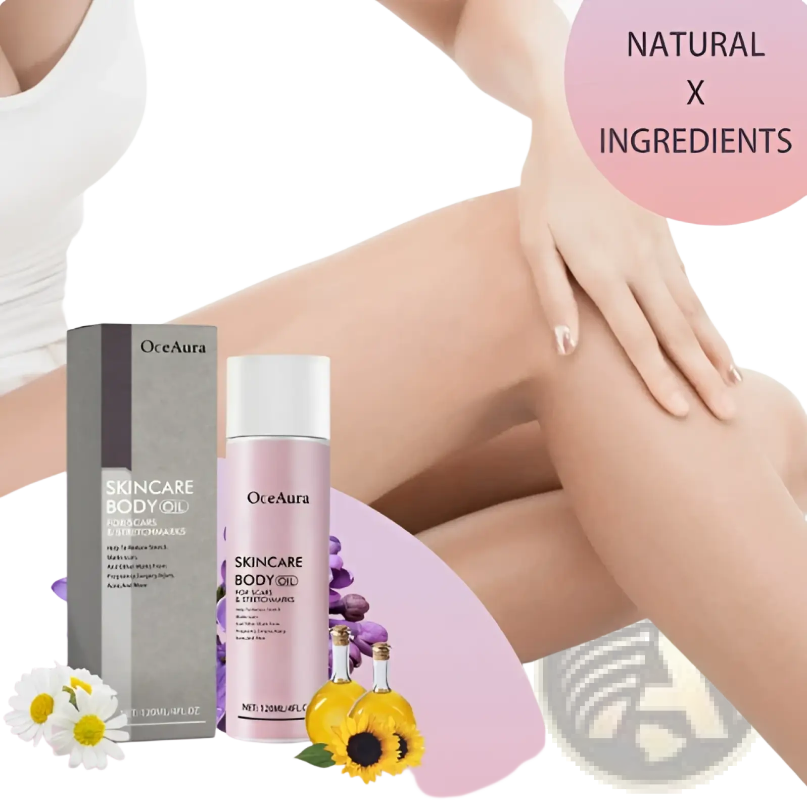 Pink oceaura skincare body oil bottle with white cap and silver box for scars and stretch marks 2oz product