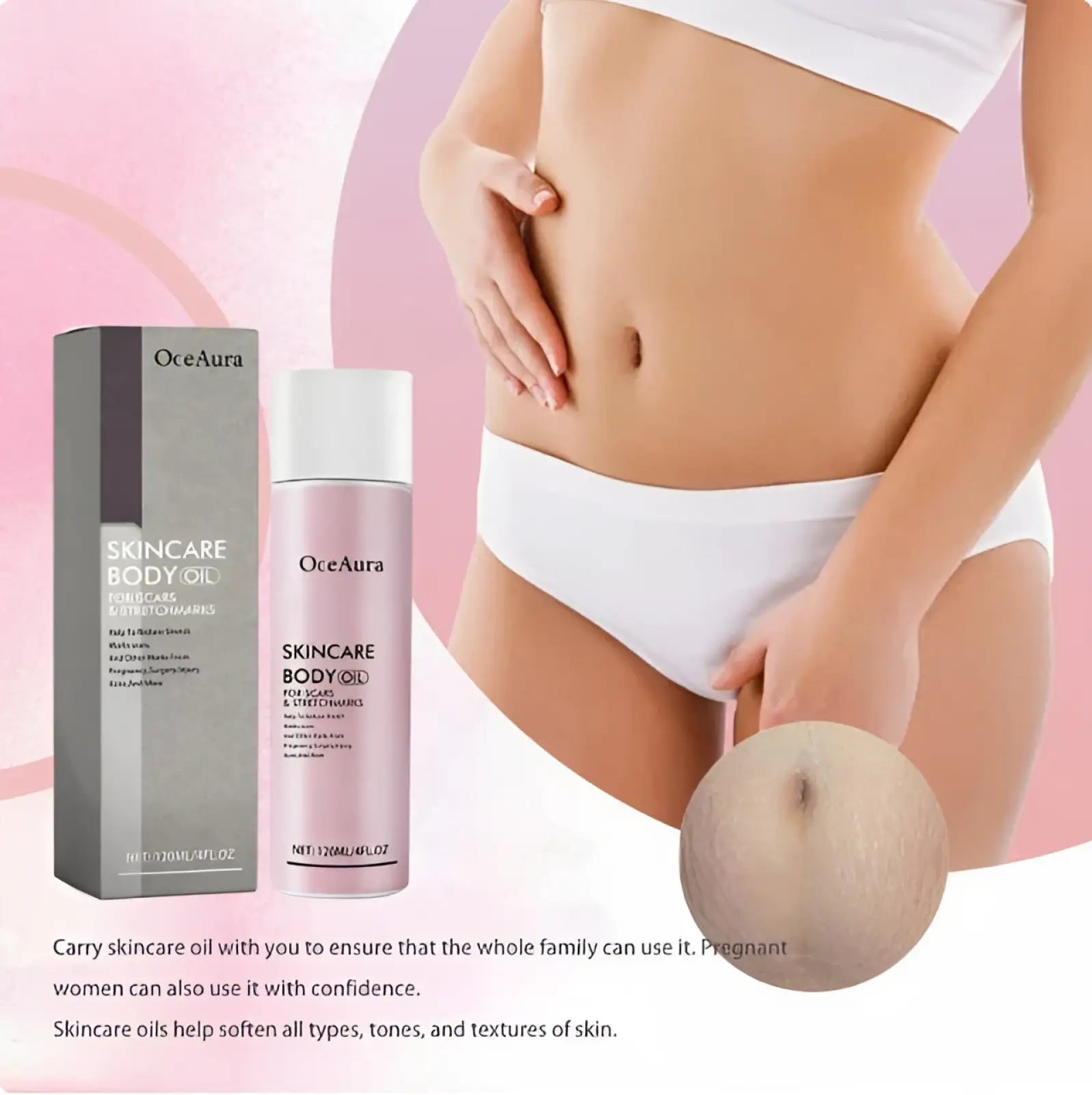 Pink oceaura skincare body oil bottle with white cap and matching box for scars and stretch marks 2oz bottle