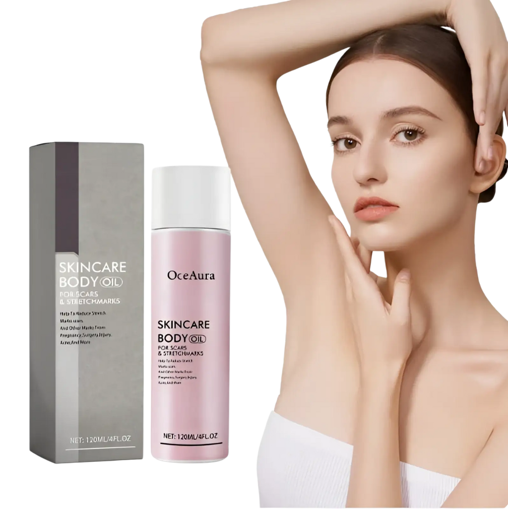 Pink Oceaura body oil for scars and stretch marks 2oz bottle with white cap and matching gray box packaging