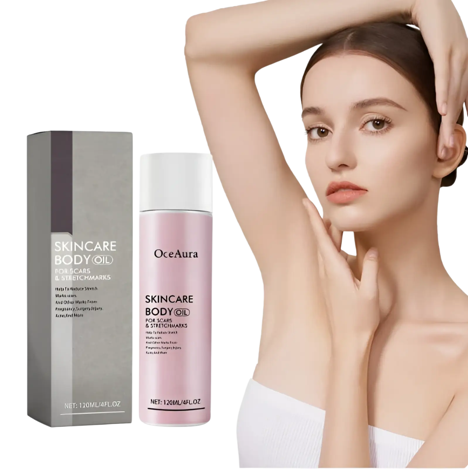 Pink Oceaura body oil for scars and stretch marks 2oz bottle with white cap and matching gray box packaging