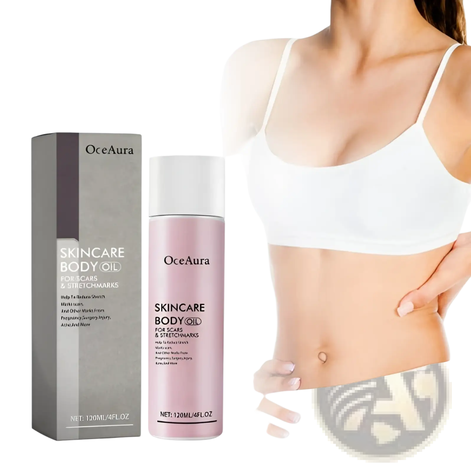 Pink oceaura body oil bottle with white cap and gray box for scars and stretch marks 2oz packaging