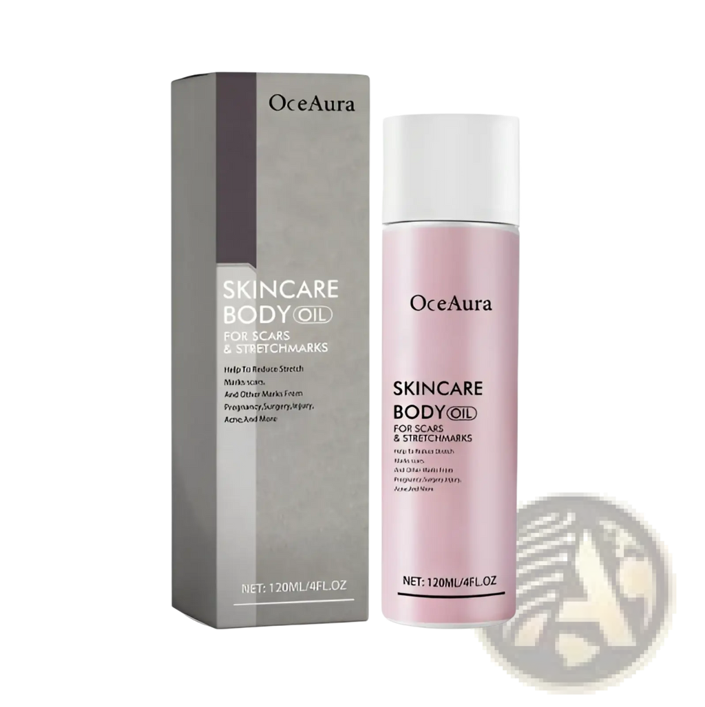 Pink oceaura body oil for scars and stretch marks in a sleek transparent bottle with white cap and gray packaging