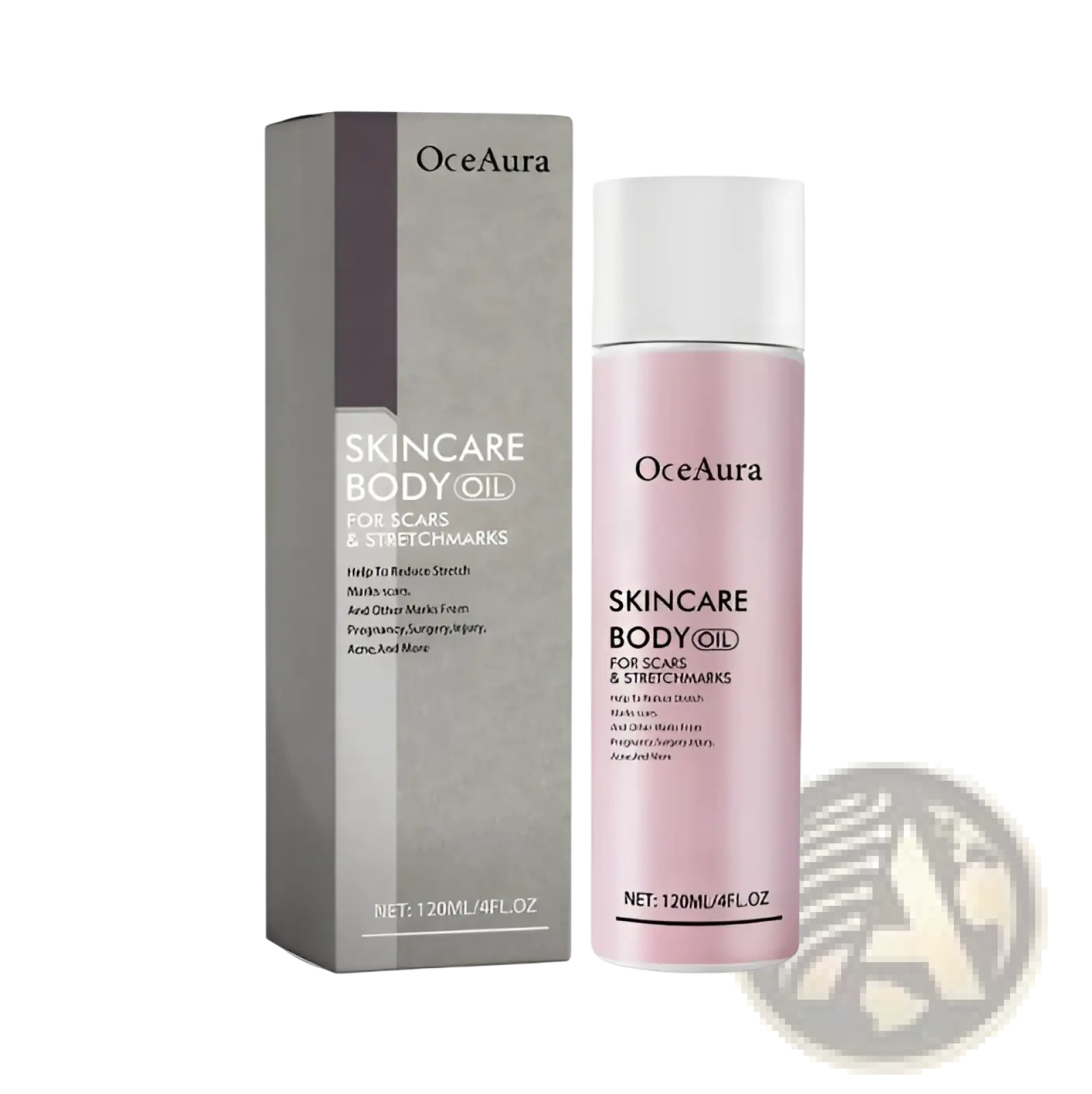 Pink oceaura body oil for scars and stretch marks in a sleek transparent bottle with white cap and gray packaging