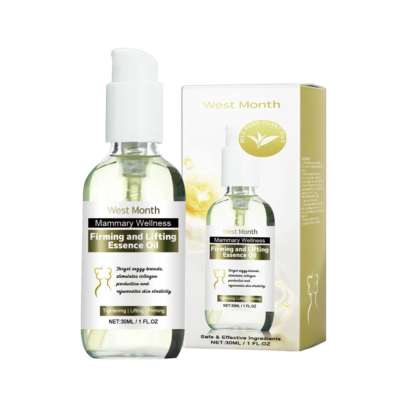 West month brand body tightening oil firming and lifting essence in a clear glass bottle with white pump and light green liquid