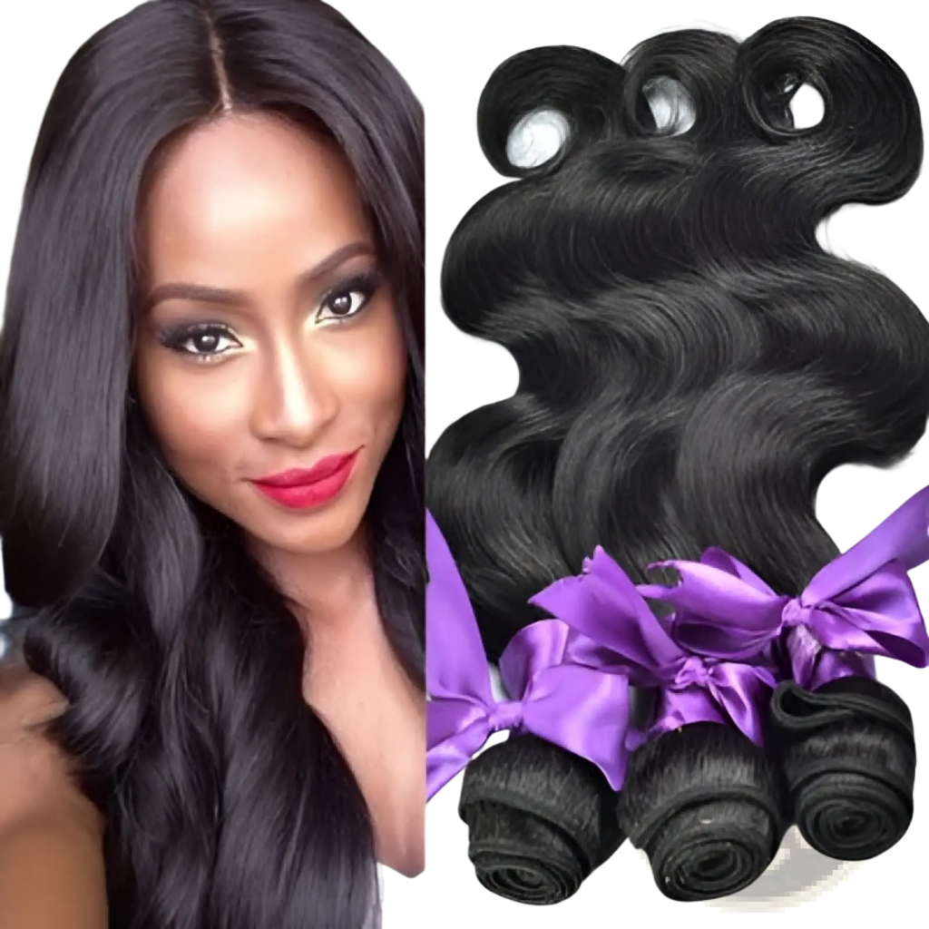 Body wave human hair bundles 4 piece extension set with black wavy strands tied with purple satin bows