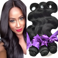 Body wave human hair bundles 4 piece extension set with black wavy strands tied with purple satin bows