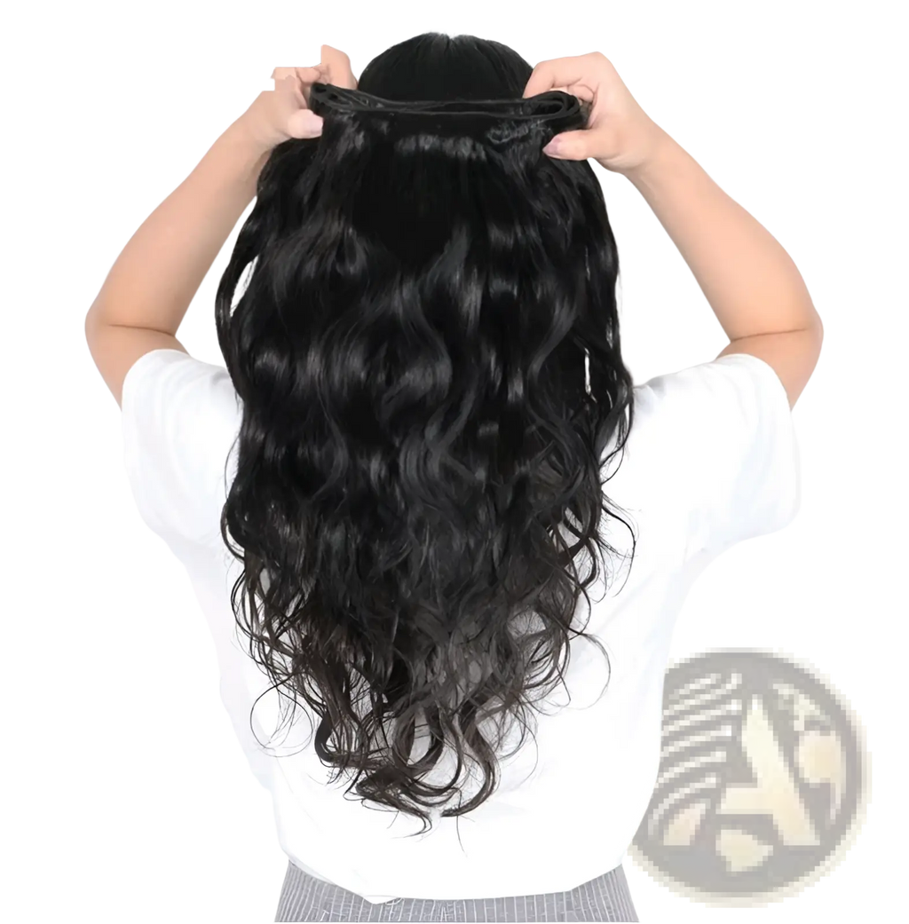 Body wave human hair bundles 4 piece extension set featuring black wavy clip-in hair extensions
