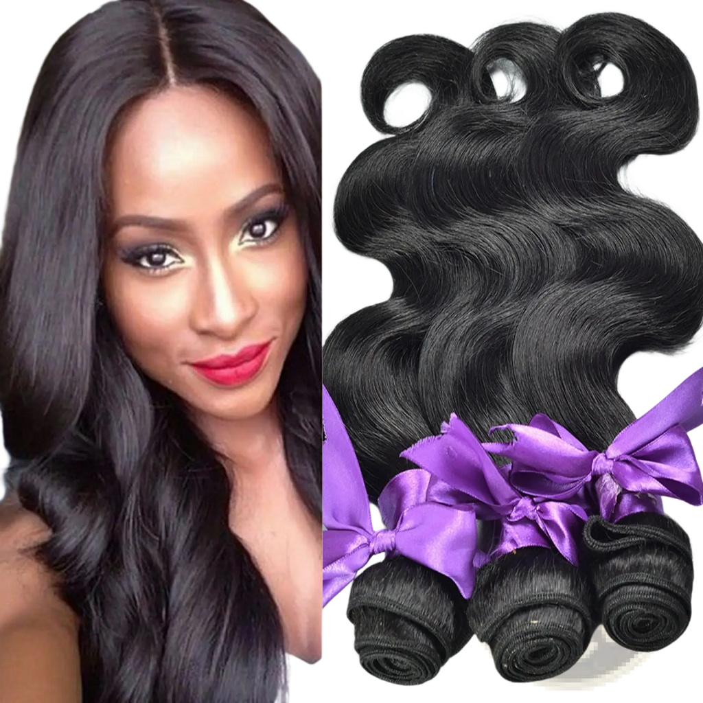 Body wave human hair bundles 4 piece extension set with black wavy hair tied by purple satin bows