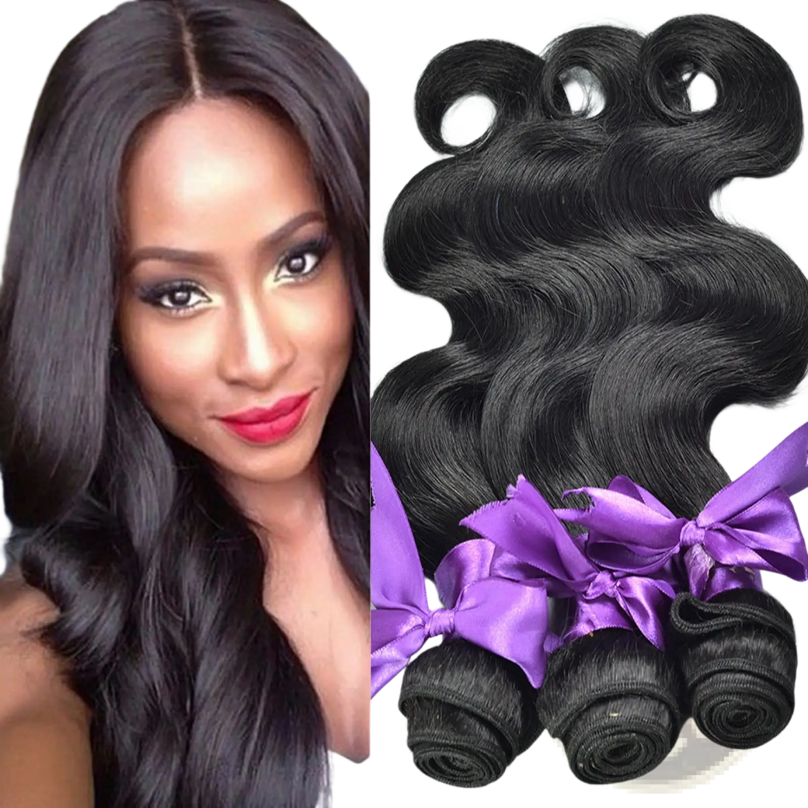 Body wave human hair bundles 4 piece extension set with black wavy hair tied by purple satin bows