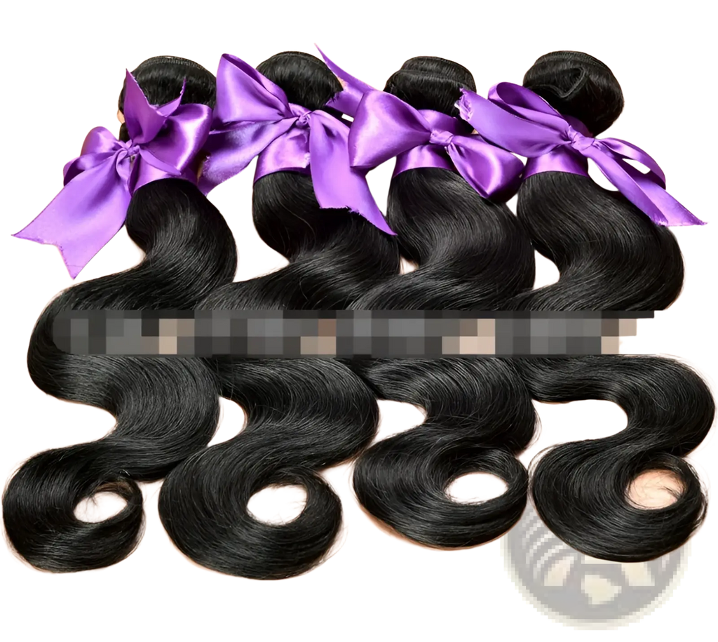 Four bundles of dark wavy body wave human hair extensions tied with purple satin bows in a 4 piece extension set