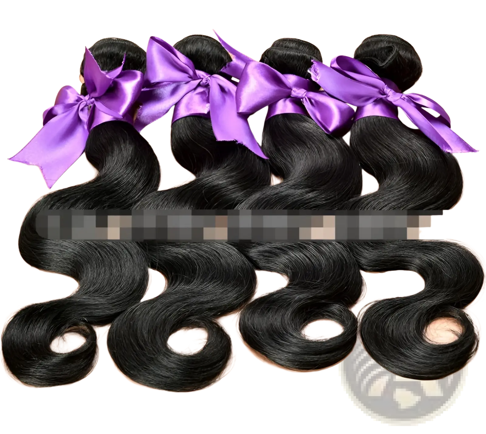 Four bundles of dark wavy body wave human hair extensions tied with purple satin bows in a 4 piece extension set