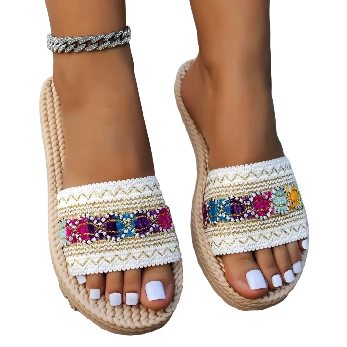 Beige woven espadrille bohemian beaded flat sandals with white embroidered strap and colorful sequined accents