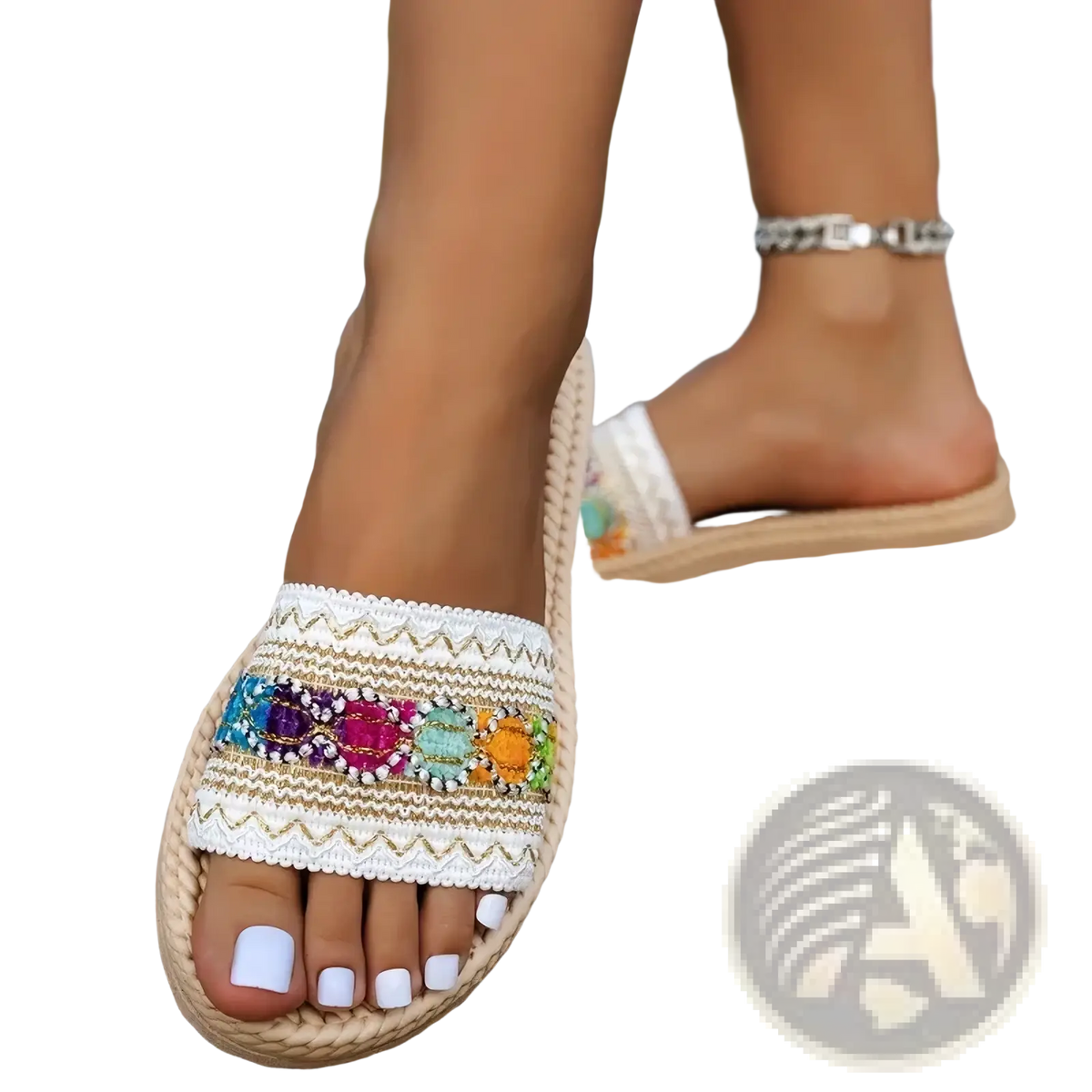 White espadrille slide sandals with colorful beaded floral patterns and woven jute straps for summer wear