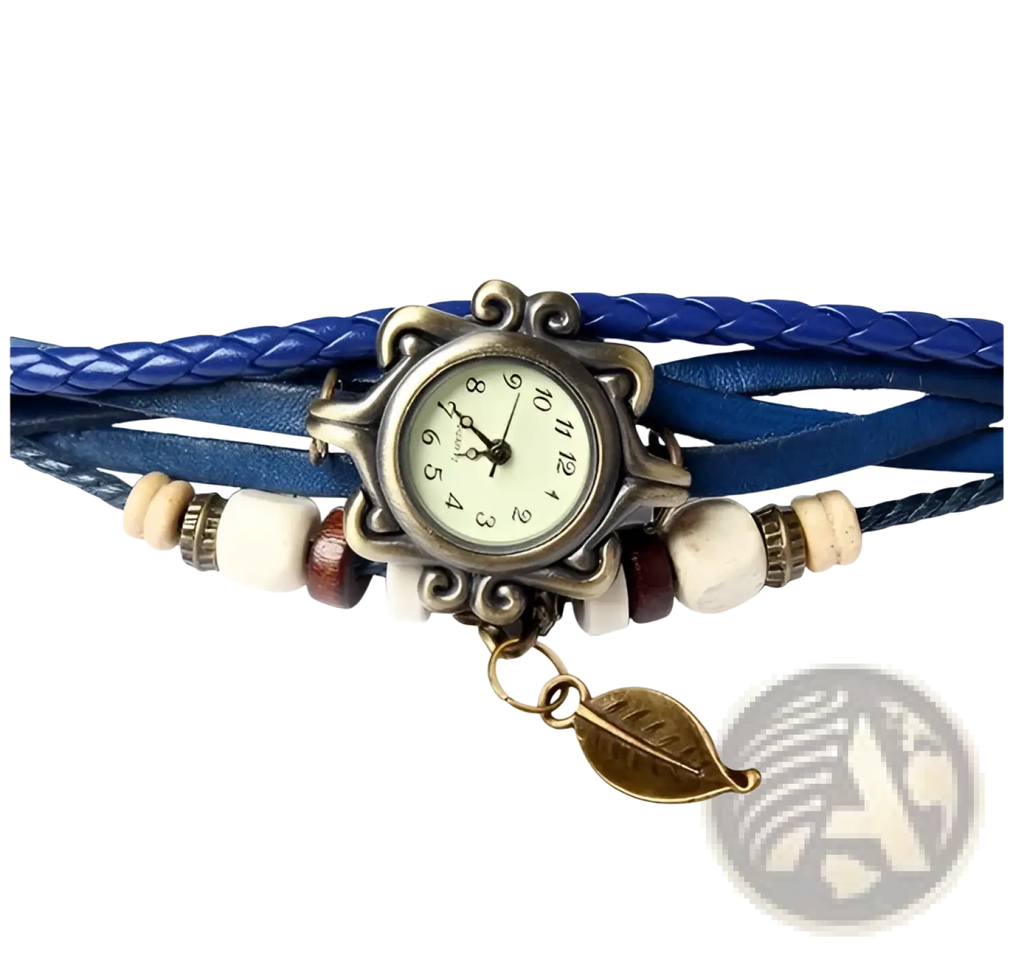 Bohemian blue braided leather wrap watch with vintage metal case and gold toned leaf charm for stylish wear