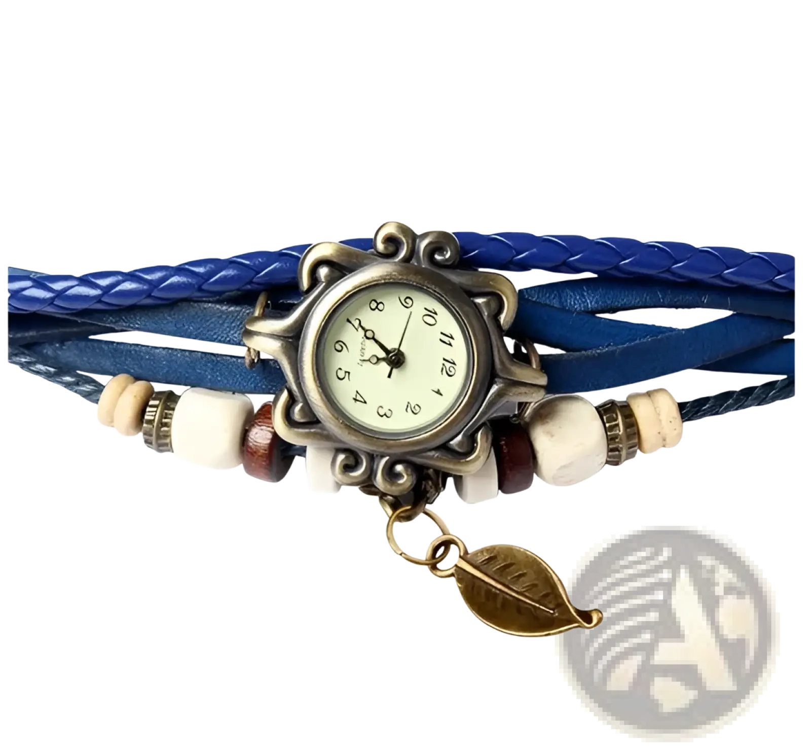 Bohemian blue braided leather wrap watch with vintage metal case and gold toned leaf charm for stylish wear