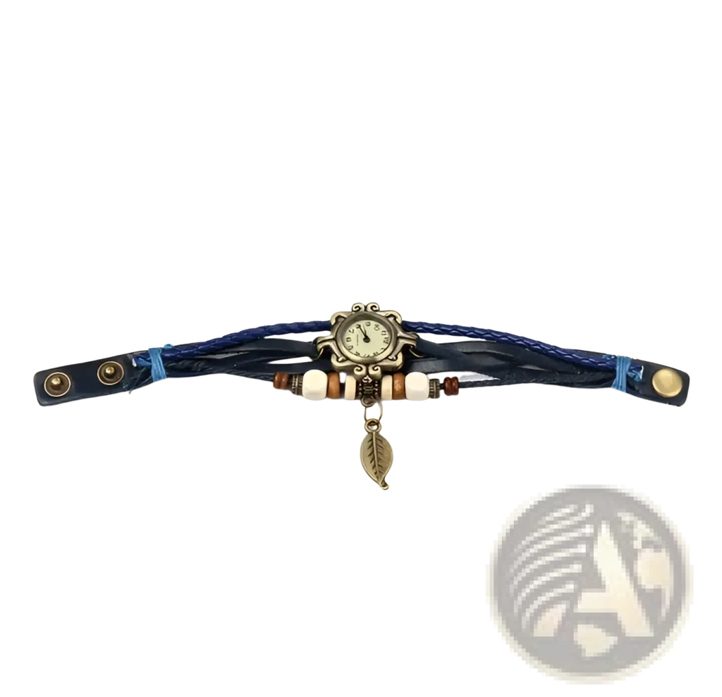 Bohemian blue braided leather wrap watch with vintage brass face and attached leaf charm for stylish wear