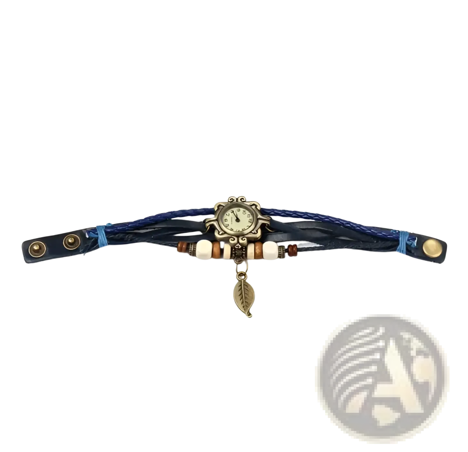 Bohemian blue braided leather wrap watch with vintage brass face and attached leaf charm for stylish wear