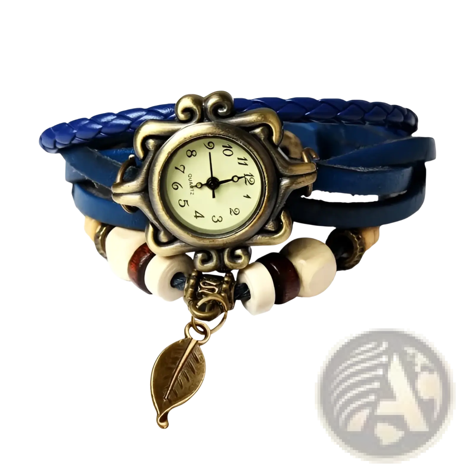 Bohemian blue braided leather wrap watch with ornate bronze-toned case and dangling leaf charm