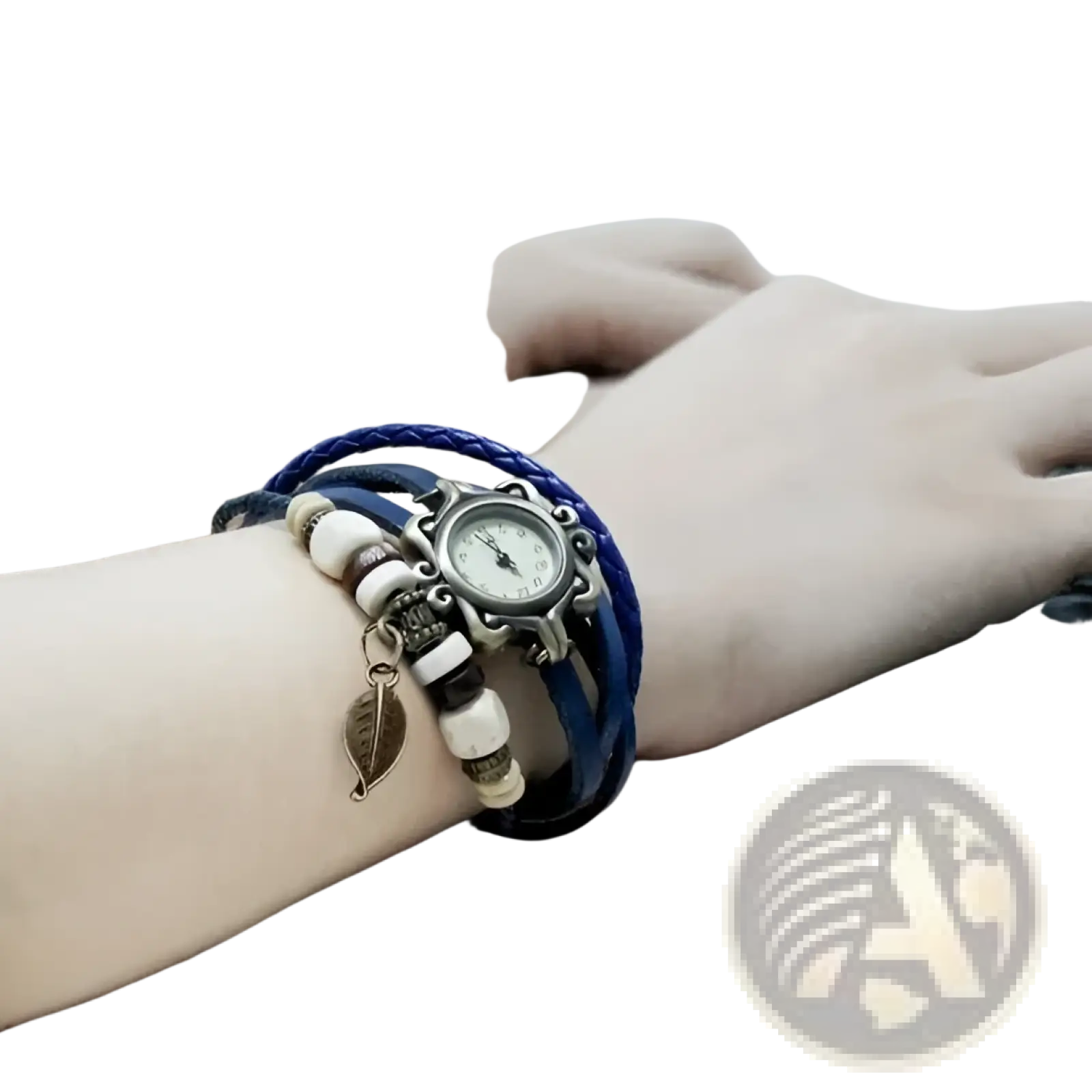 Bohemian blue braided leather wrap watch with silver ornate case white face cream beads and leaf charm