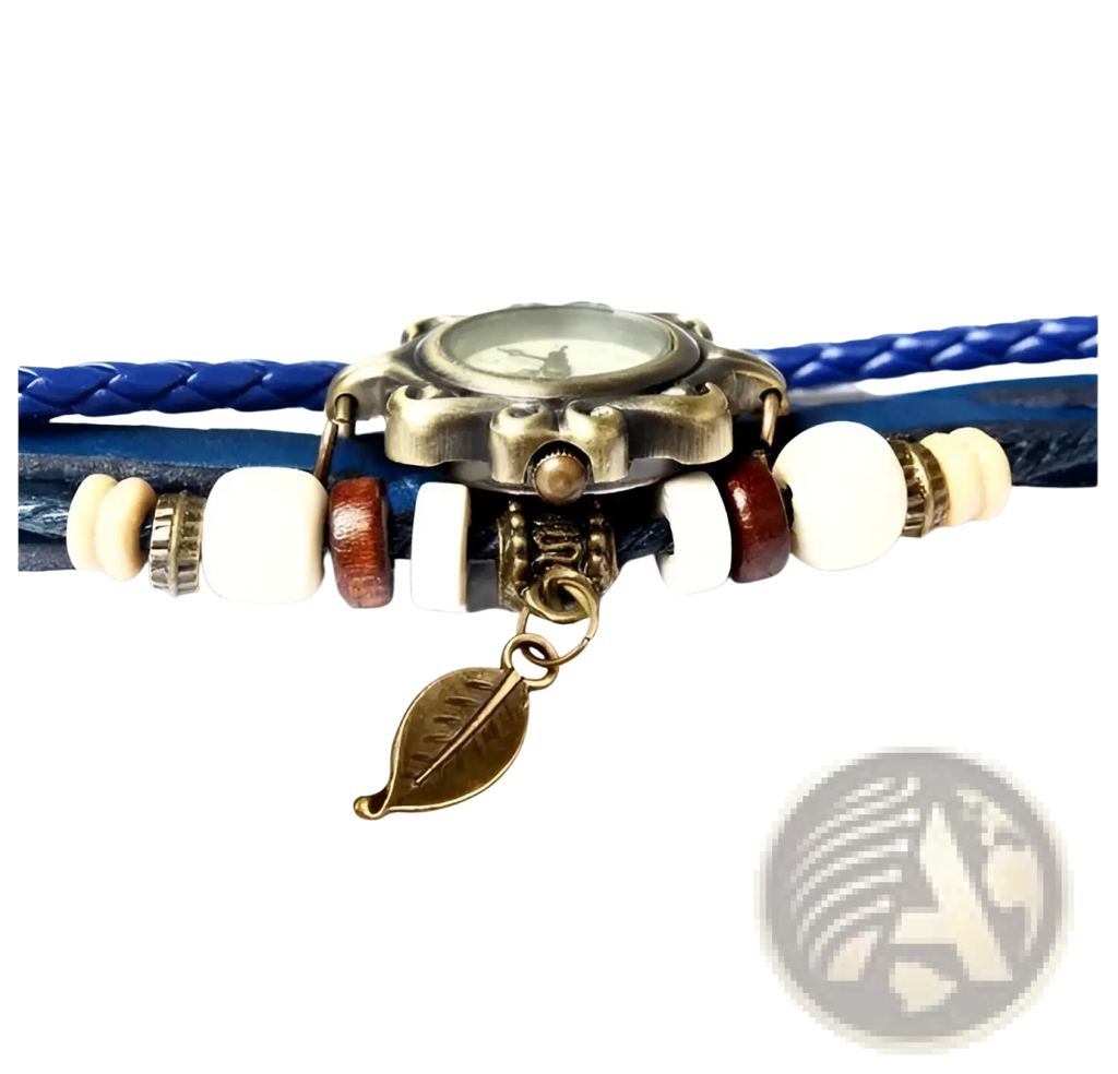 Bohemian blue braided leather leaf charm wrap watch with brass-toned case white dial and beaded straps