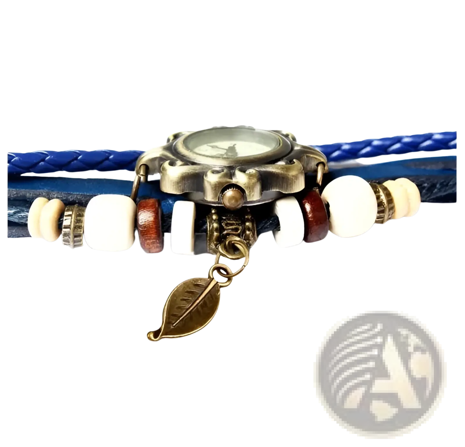 Bohemian blue braided leather leaf charm wrap watch with brass-toned case white dial and beaded straps