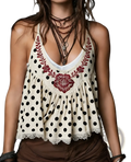 Cream-colored polka-dot crop top with red floral embroidery and lace trim bohemian embroidered halter top