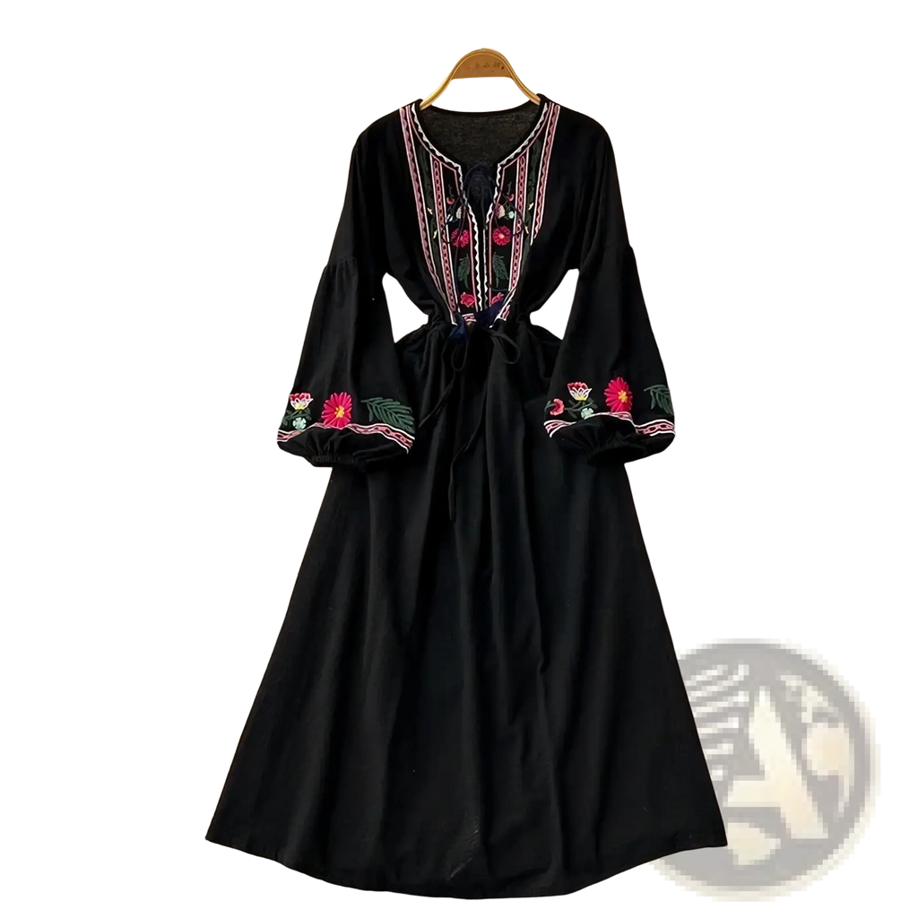 Bohemian embroidered long sleeve black dress with vibrant pink and green floral patterns on neckline cuffs and front panel