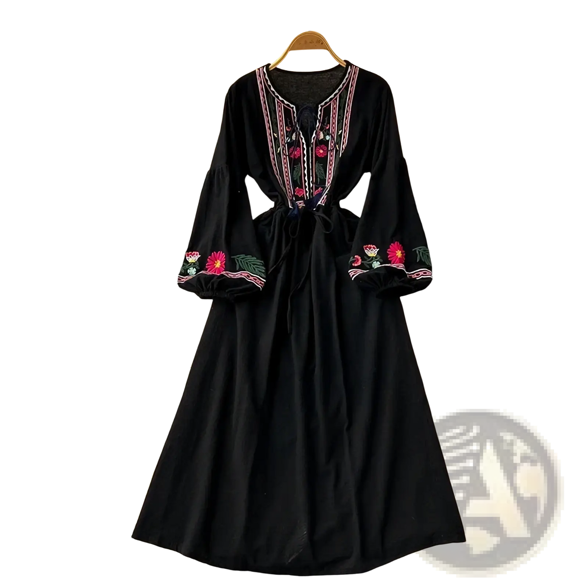 Bohemian embroidered long sleeve black dress with vibrant pink and green floral patterns on neckline cuffs and front panel