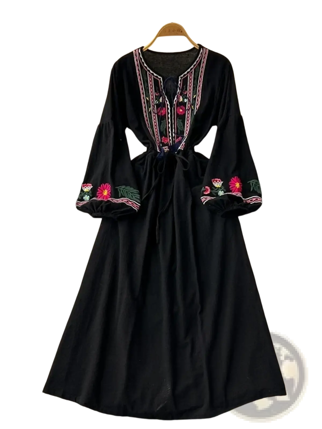 Black bohemian embroidered long sleeve dress with vibrant pink red and green floral embroidery on neckline and cuffs