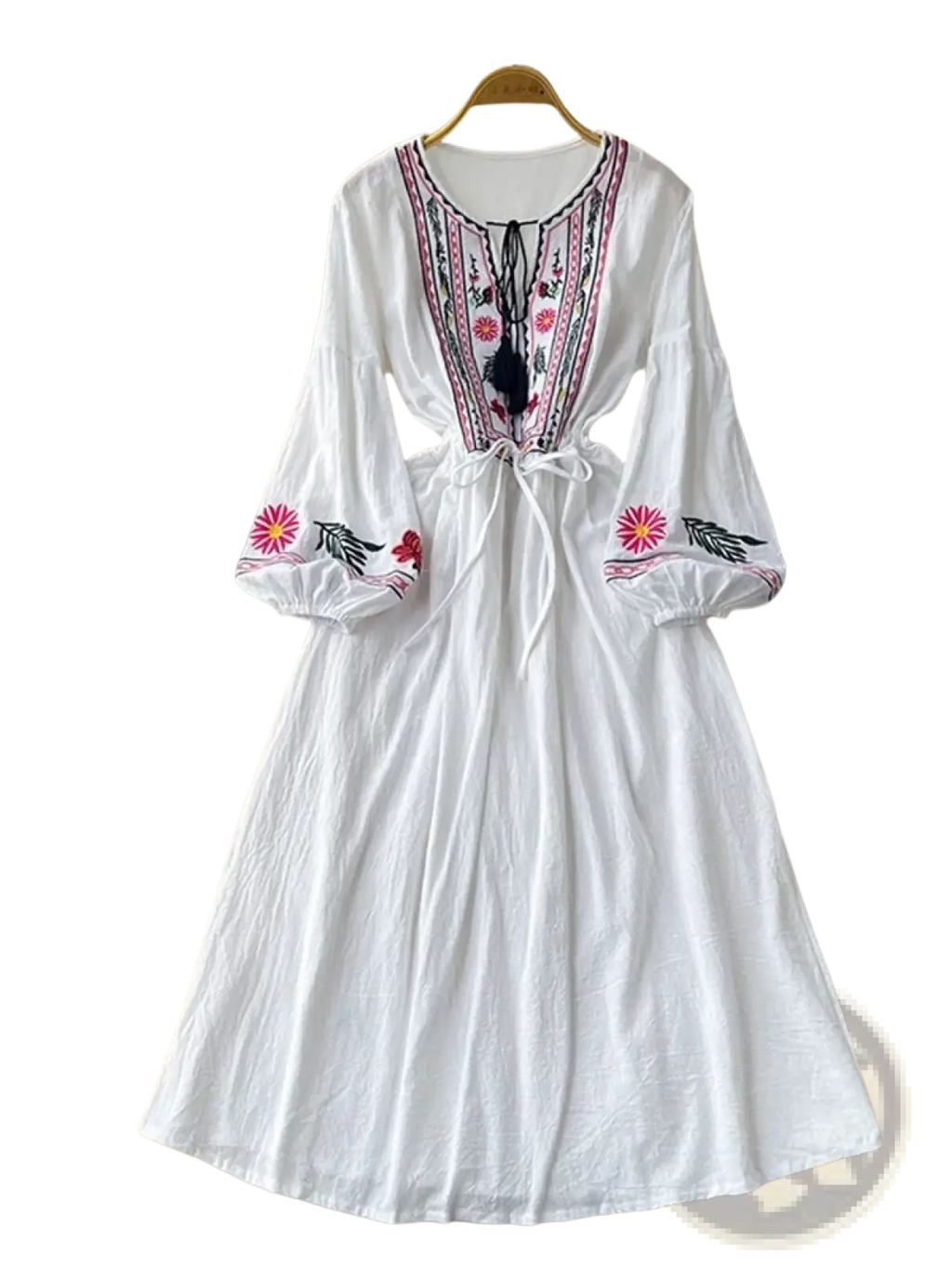 Bohemian embroidered long sleeve dress in white with pink and black floral embroidery on neckline cuffs and central tie