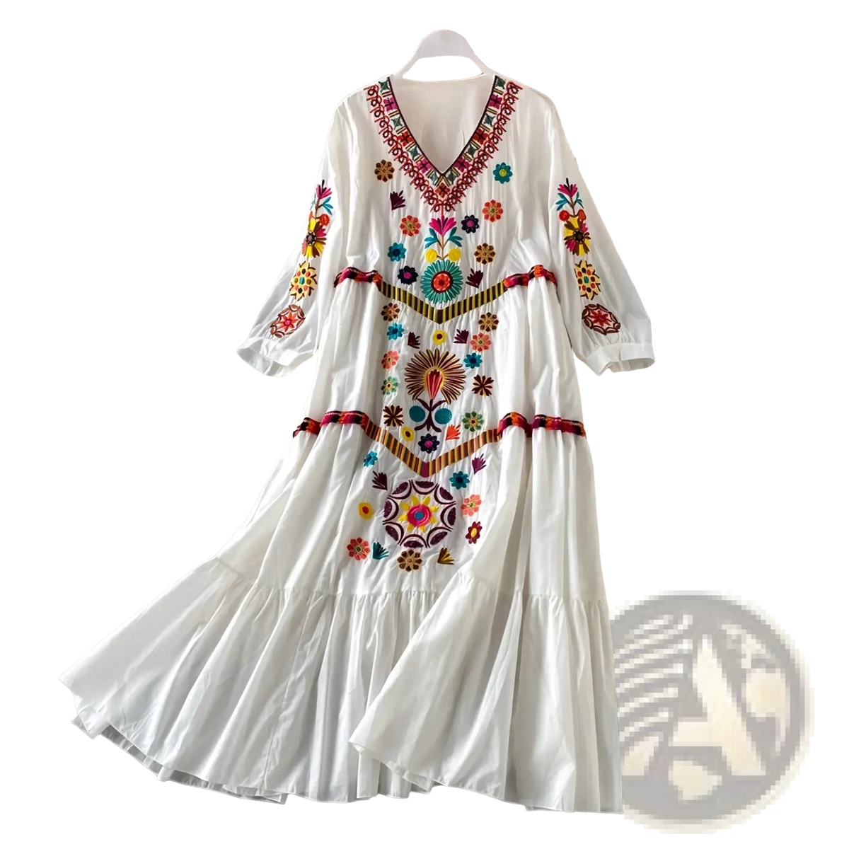 A white bohemian embroidered V-neck maxi dress with colorful floral and geometric patterns in red blue green yellow and purple thread