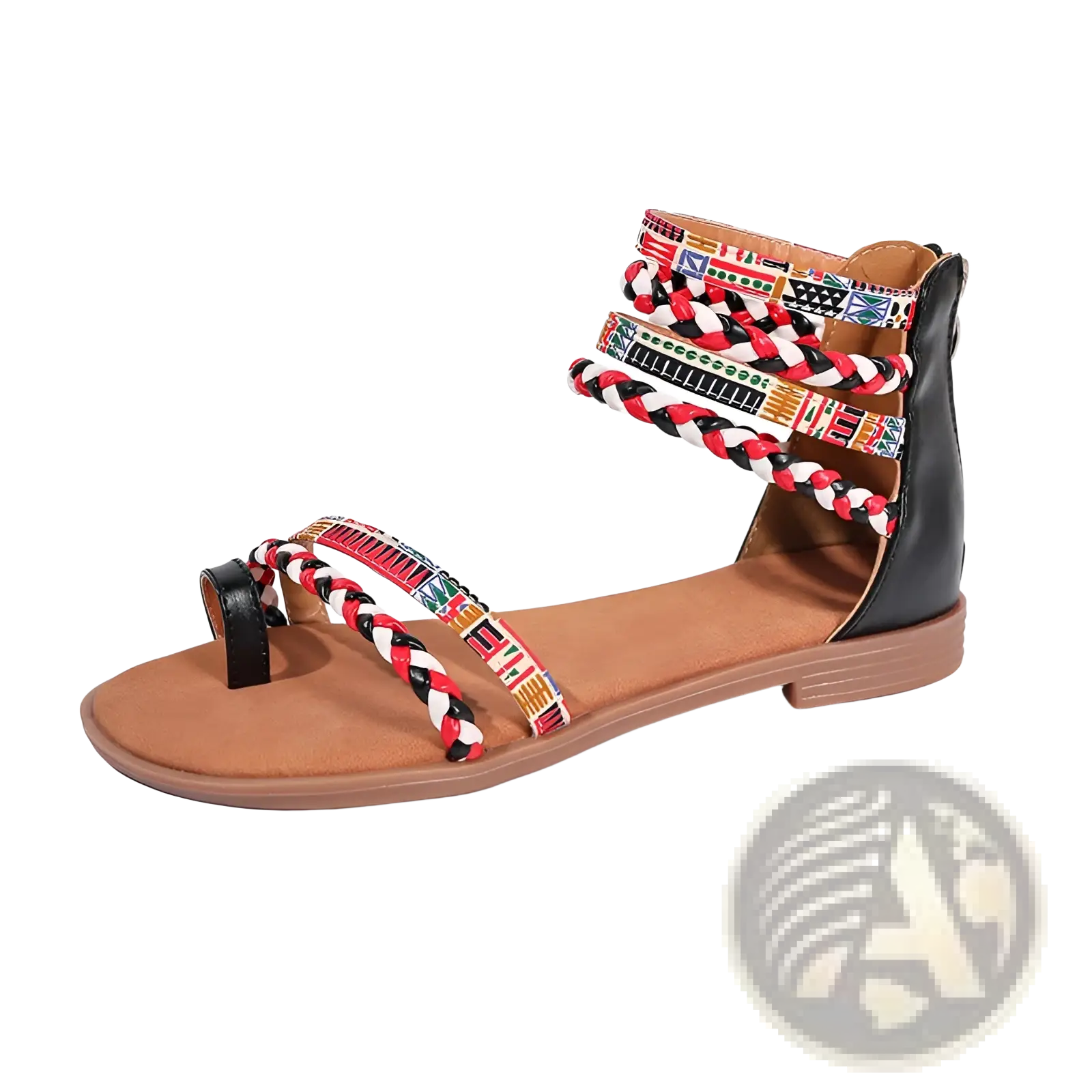 Bohemian ethnic braided ankle strap flat sandals with black and red straps and colorful patterned accents