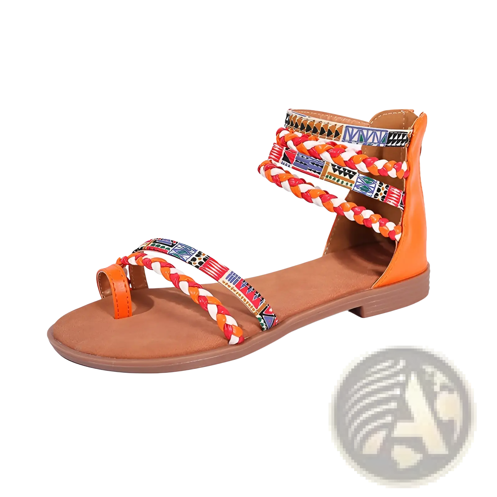 Orange bohemian ethnic braided ankle strap flat sandal with multicolored leather geometric pattern straps