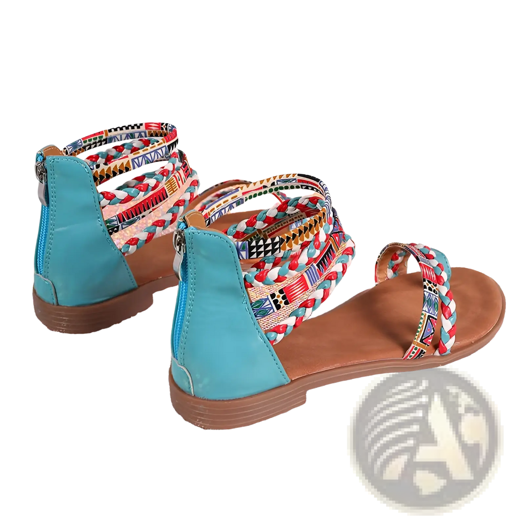 Turquoise leather-look bohemian ethnic braided ankle strap flat sandals with colorful patterned straps