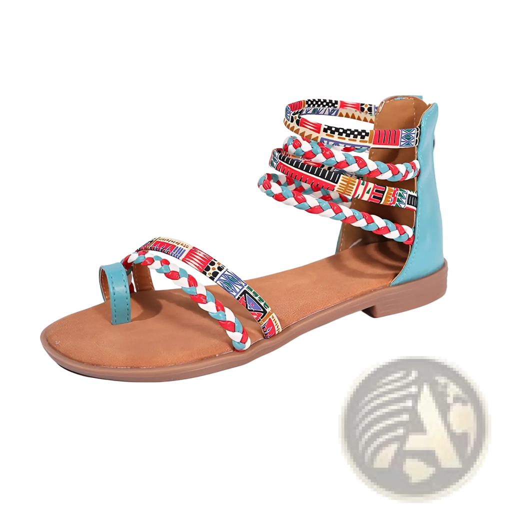 Bohemian ethnic braided ankle strap flat sandals in turquoise and brown with colorful geometric patterned straps