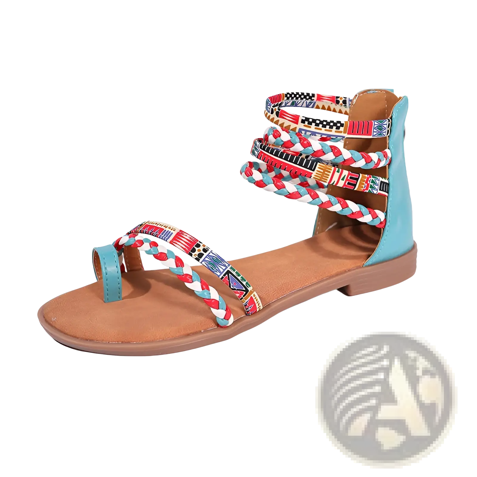 Bohemian ethnic braided ankle strap flat sandals in turquoise and brown with colorful geometric patterned straps
