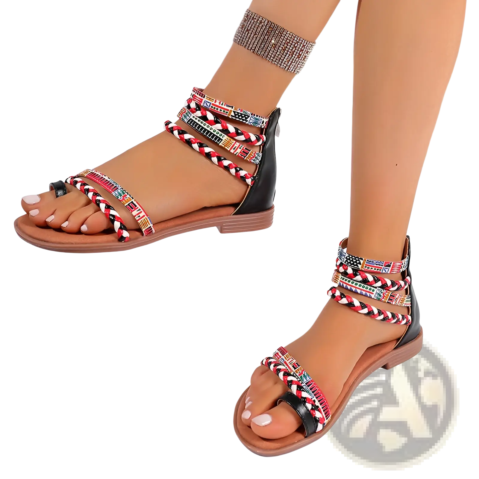 Black and tan strappy flat sandals with colorful braided ethnic ankle straps featuring a bohemian design
