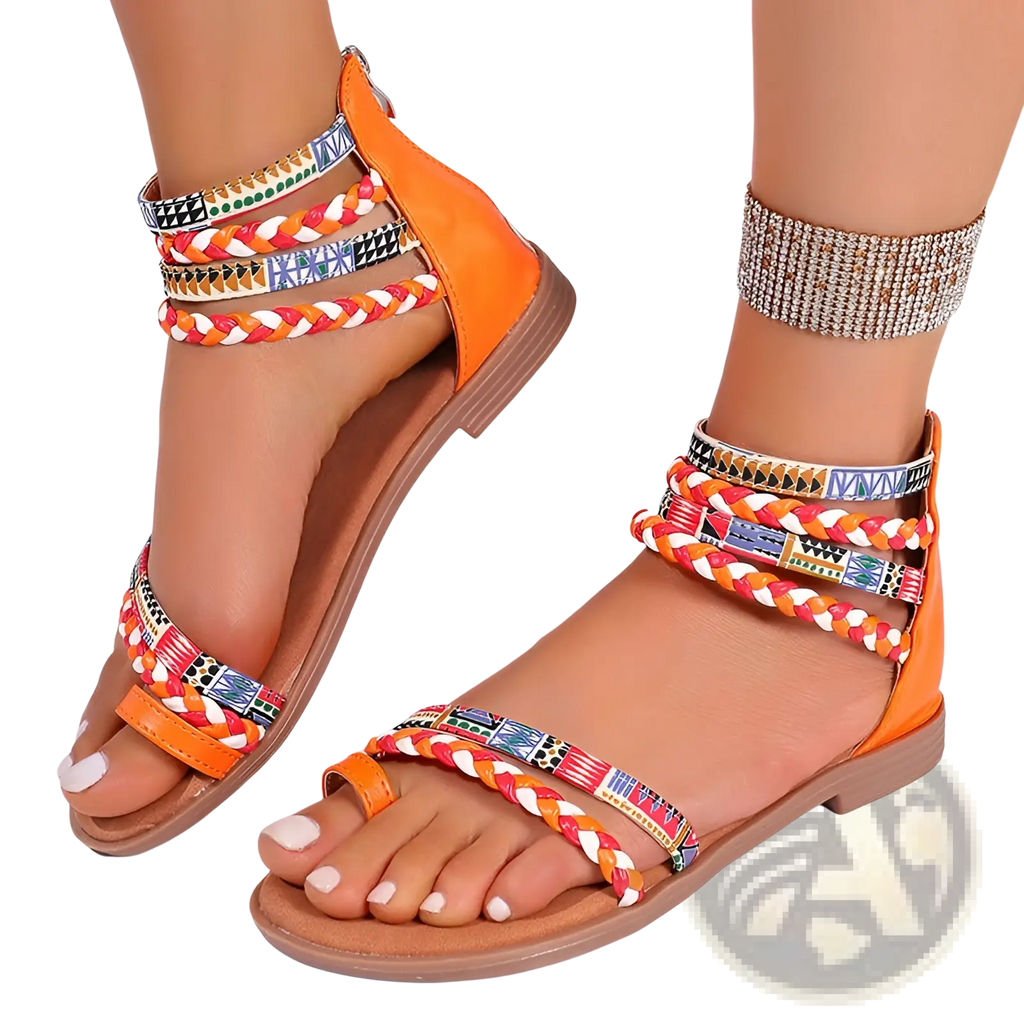 Bright orange bohemian ethnic braided ankle strap flat sandals with colorful geometric patterned straps and brown sole