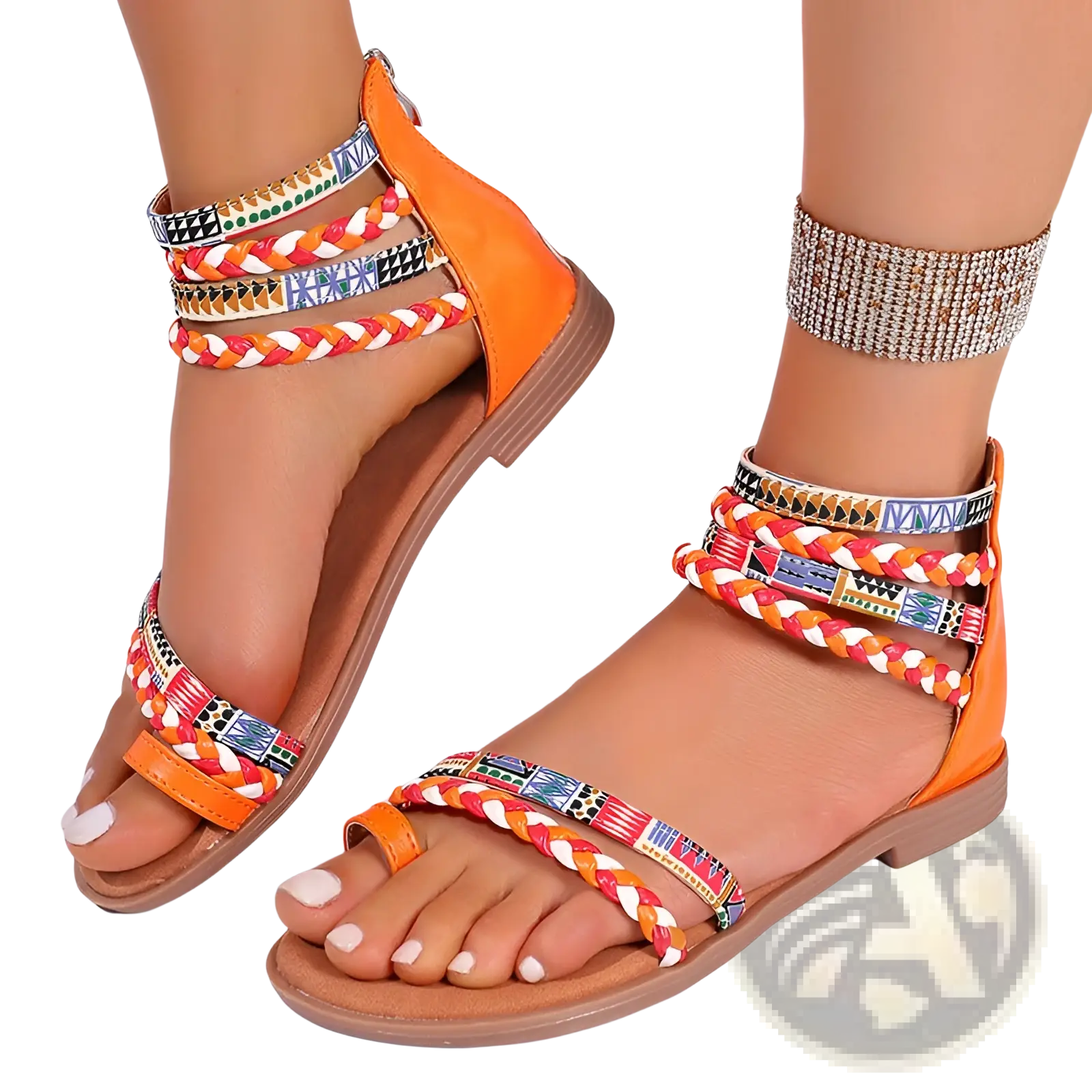 Bright orange bohemian ethnic braided ankle strap flat sandals with colorful geometric patterned straps and brown sole