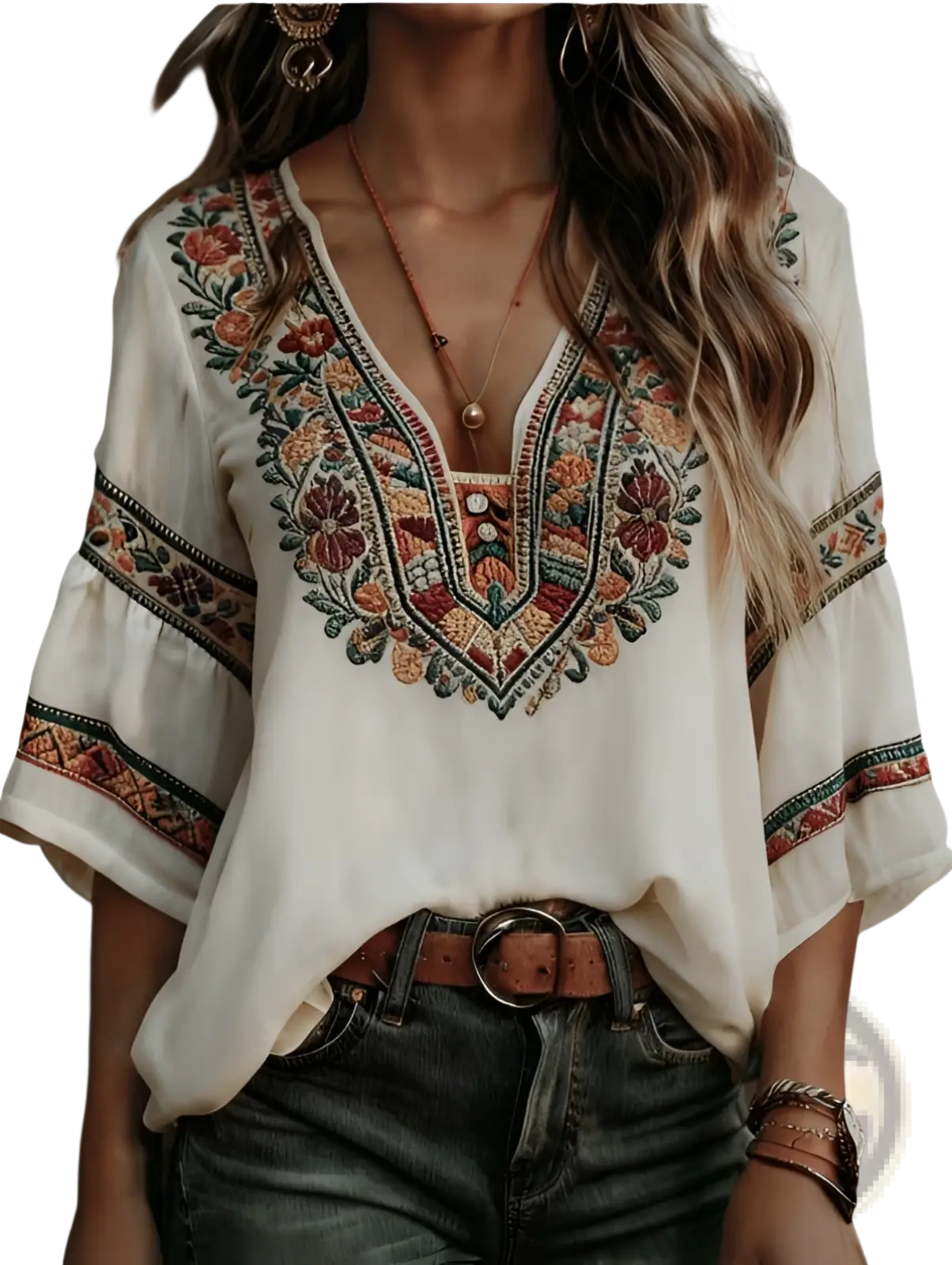 A cream-colored bohemian floral embroidered blouse with intricate earthy tone embroidery on neckline and sleeves