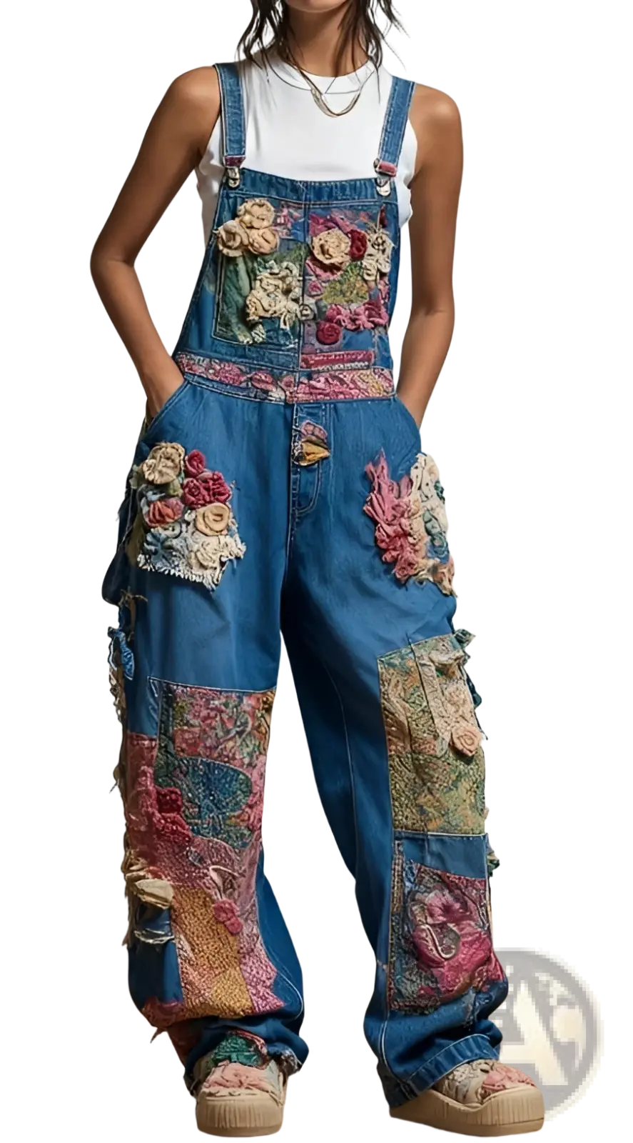 Blue denim overalls featuring colorful embroidered floral patches and decorative fabric appliqués in a bohemian style