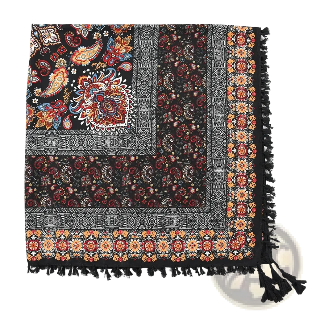 Bohemian floral square scarf tassel shawl in black with intricate orange red blue and white paisley geometric patterns and tassels