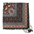 Bohemian floral square scarf tassel shawl in black with intricate orange red blue and white paisley geometric patterns and tassels